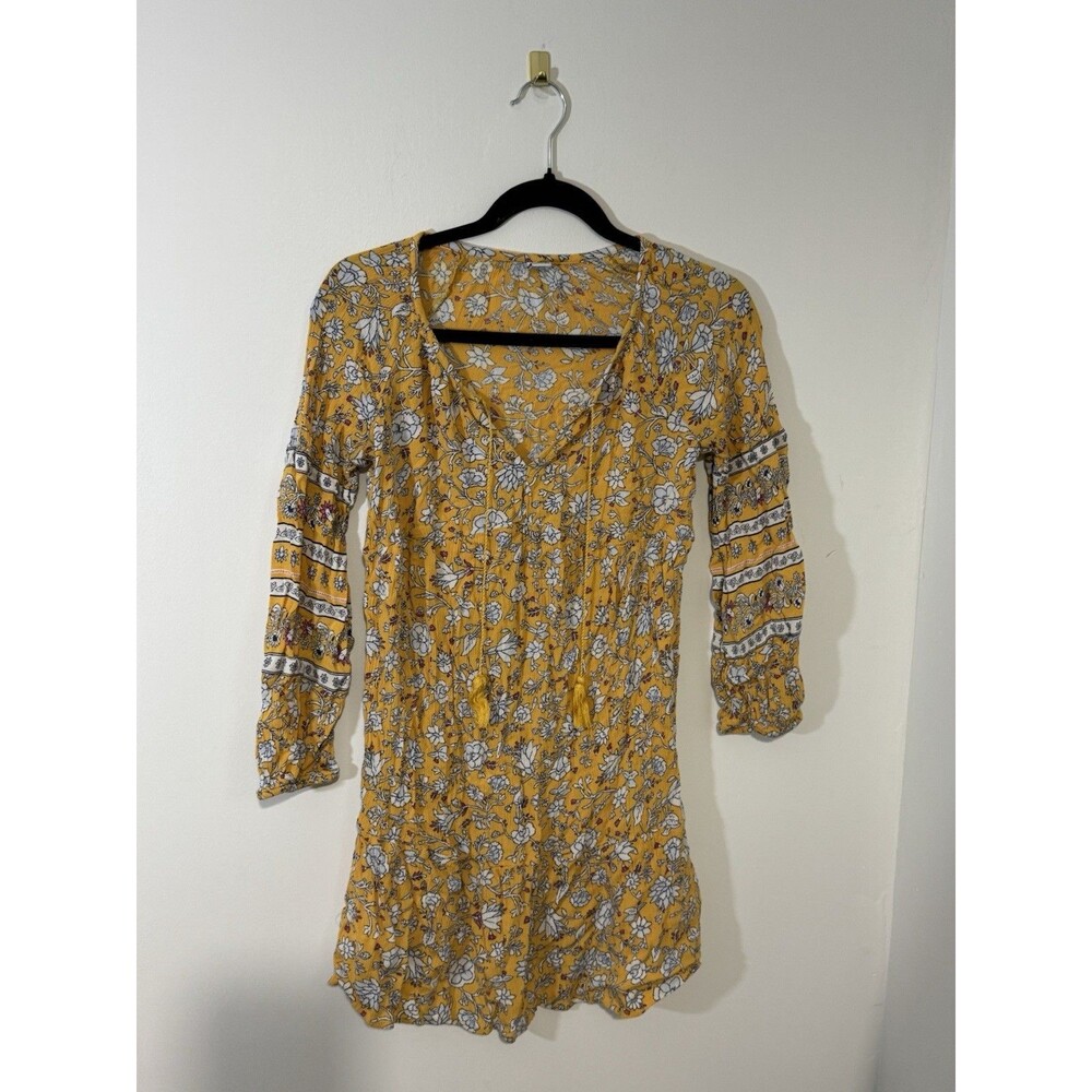 Old Navy Yellow Floral Tassel Accent V-Neck 3/4 Sleeve Short A-Line Dress XS